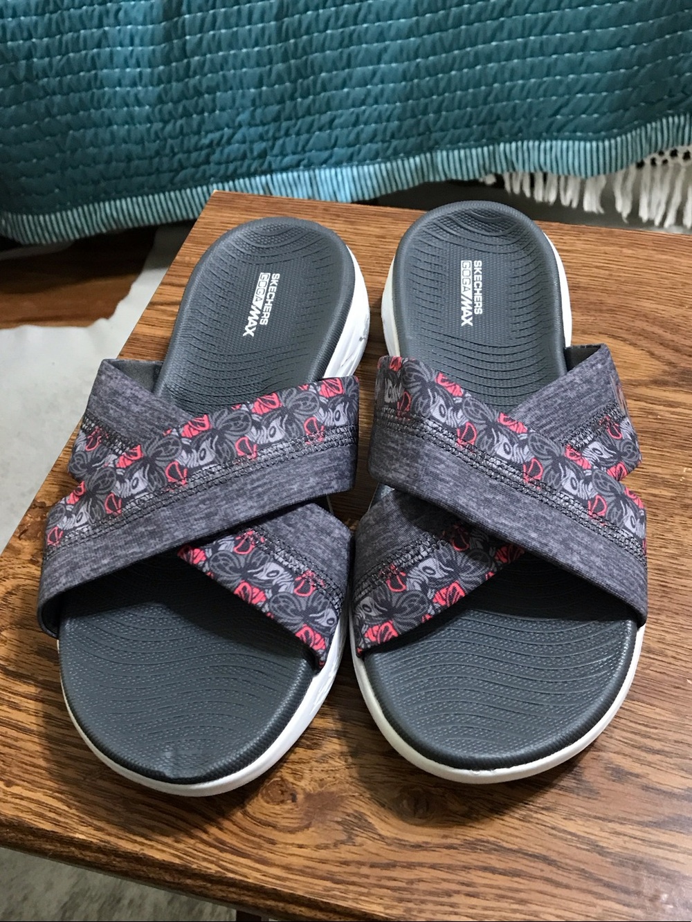 Skechers Gray Slide Sandals with Pink Floral Accents